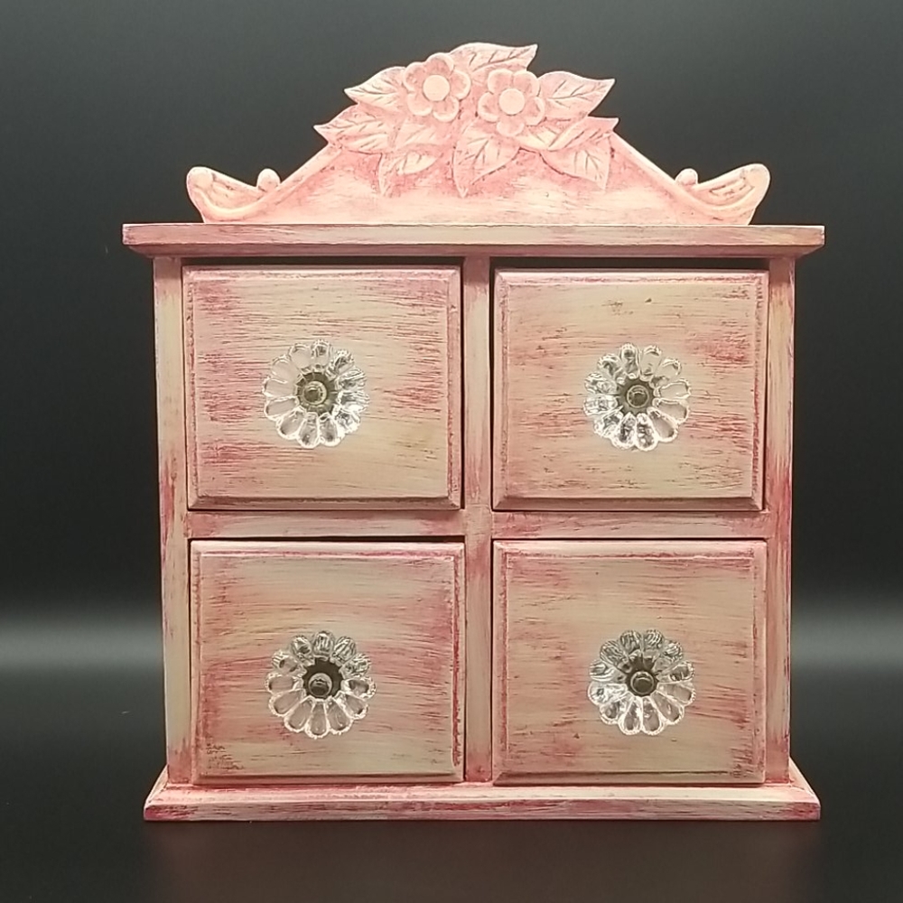 Handpainted Wood Hanging 4 Drawer Storage Display Shelf with Handcarved Flowers